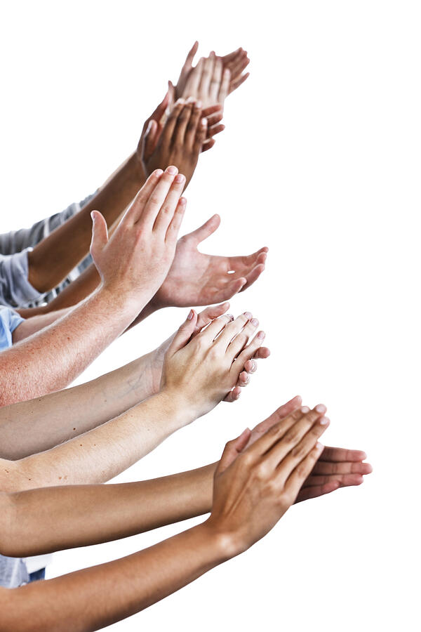 Lots of appreciation: many hands applaud on white Photograph by RapidEye