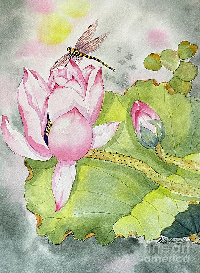 Lotus and Dragonfly Painting by Hilda Vandergriff