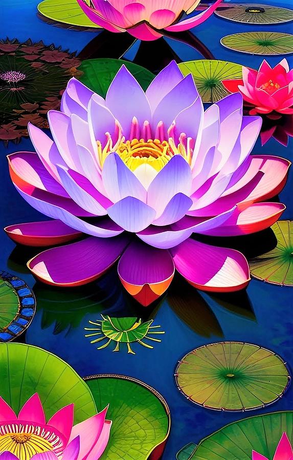 A I Lotus Blossoms on a Pond Digital Art by Denise F Fulmer