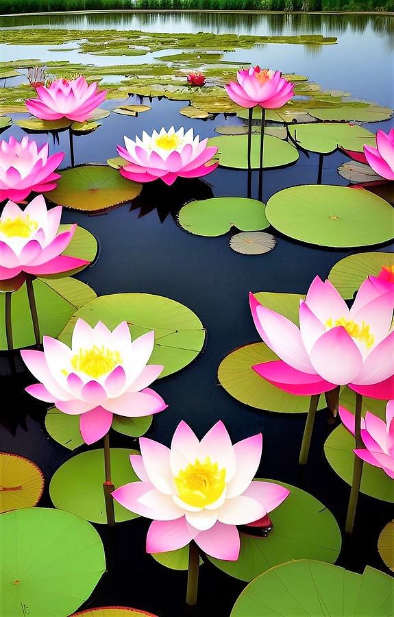 A I Lotus Blossoms on a Pond 2 Digital Art by Denise F Fulmer