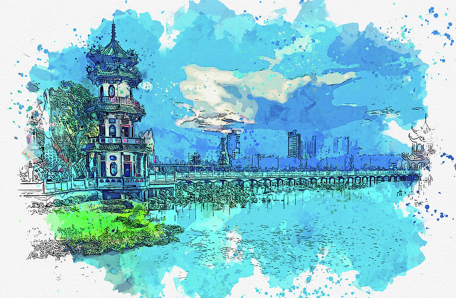 Architecture Painting - .Lotus Lake  in Kaohsiung City, Taiwan by Celestial Images