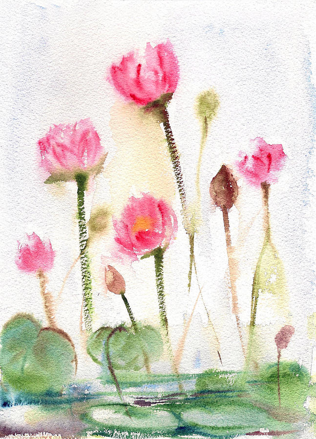Lotus pond Painting by Asha Sudhaker Shenoy
