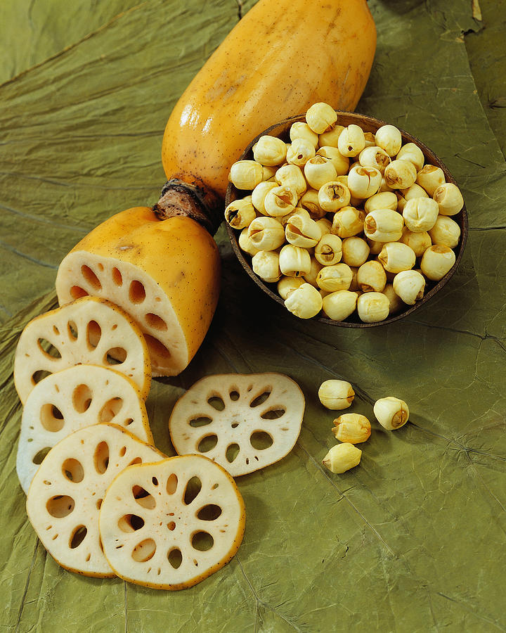 Lotus Root, Seeds, and Leaf Photograph by Joy Atkinson