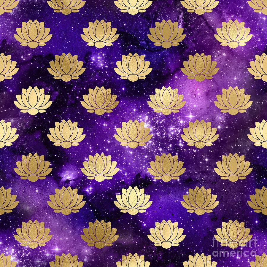 Lotuva - Purple Gold Watercolor Lotus Galaxy Dharma Pattern Digital Art by Sambel Pedes