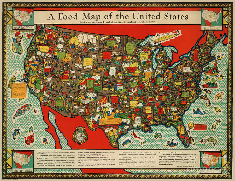 Louis Fancher - The Great Atlantic and Pacific Tea Co - A Food Map of the United States - 1932-33 Digital Art by Vintage Map