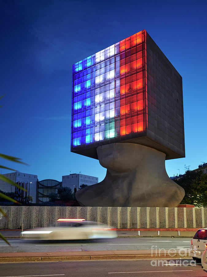 Louis Nucera Library on Nice at night with French flag colors Photograph by Jose Rey