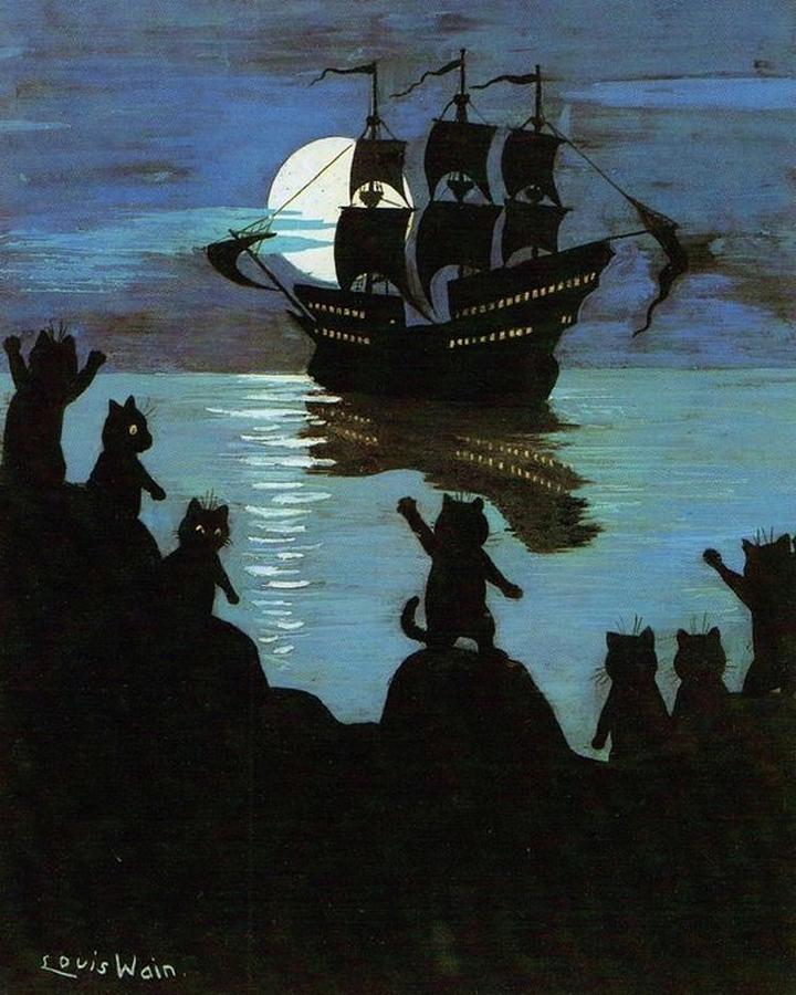 Louis Wain Cat Pirates Galleon In The Moon Light Drawing