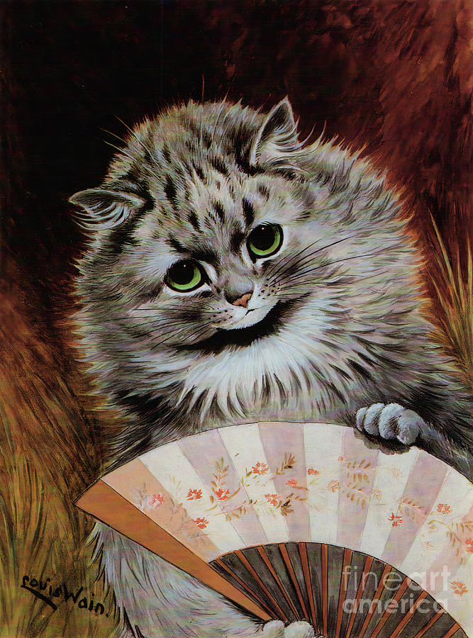 Louis Wain Cat Print Art - Lady Cat with a Fan - Vintage Print Painting by Kithara Studio