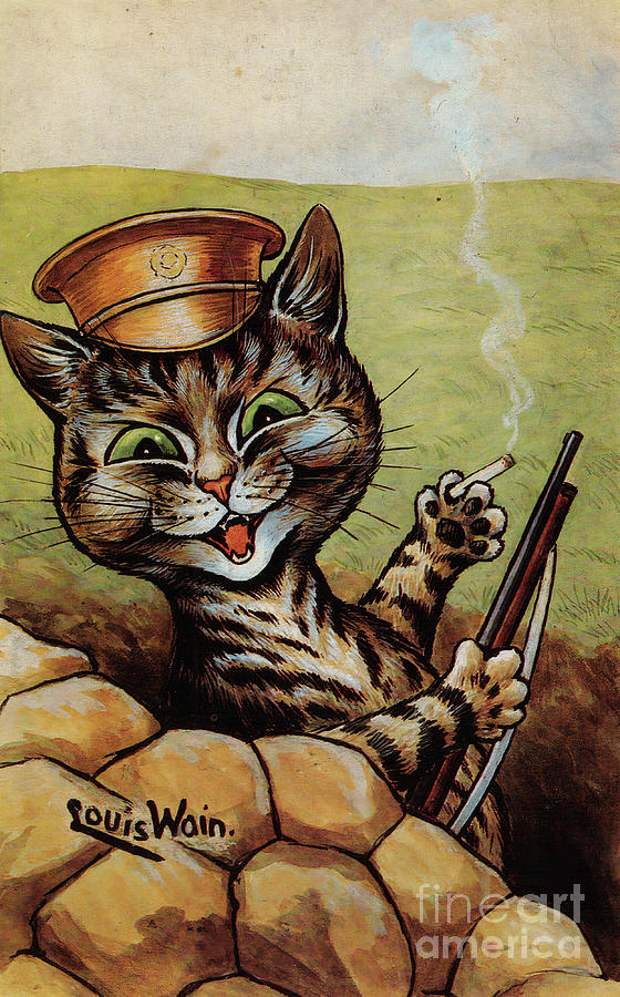 Louis Wain Cat Print - First World War Tommy in a Trench - WW1 Painting by Kithara Studio