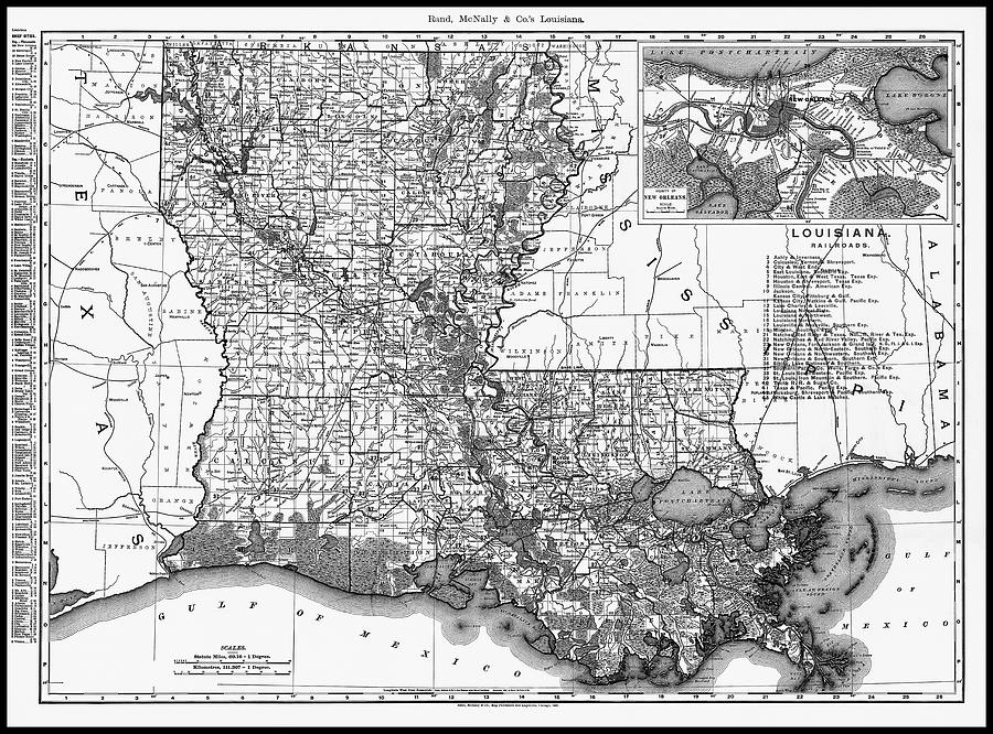 Louisiana Map Photograph - Louisiana Antique Vintage Railroad Map 1896 Black and White  by Carol Japp