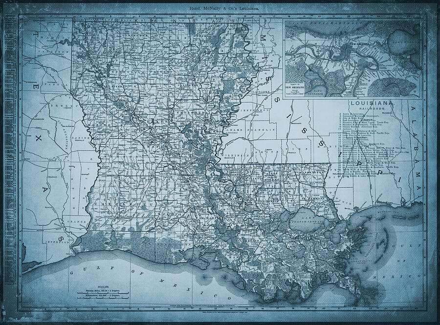 Louisiana Map Photograph - Louisiana Antique Vintage Railroad Map 1896 Blue by Carol Japp