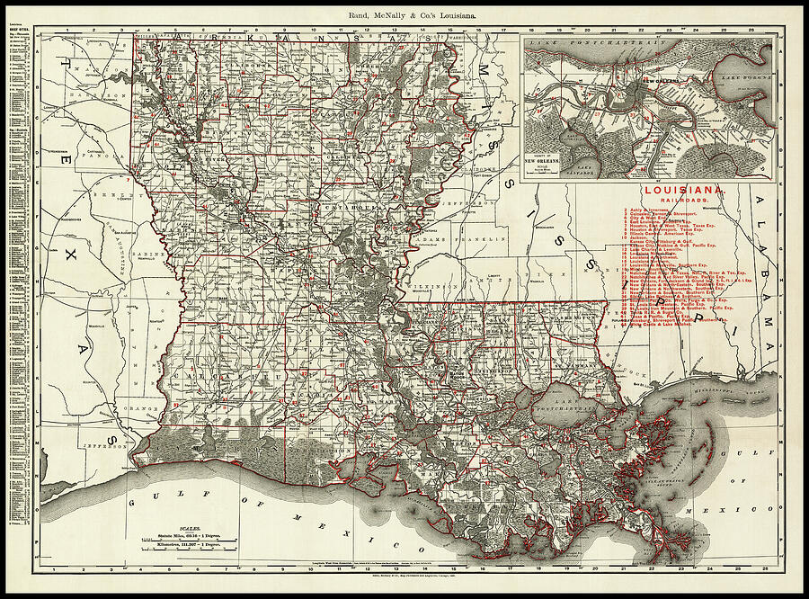 Louisiana Map Photograph - Louisiana Antique Vintage Railroad Map 1896 by Carol Japp