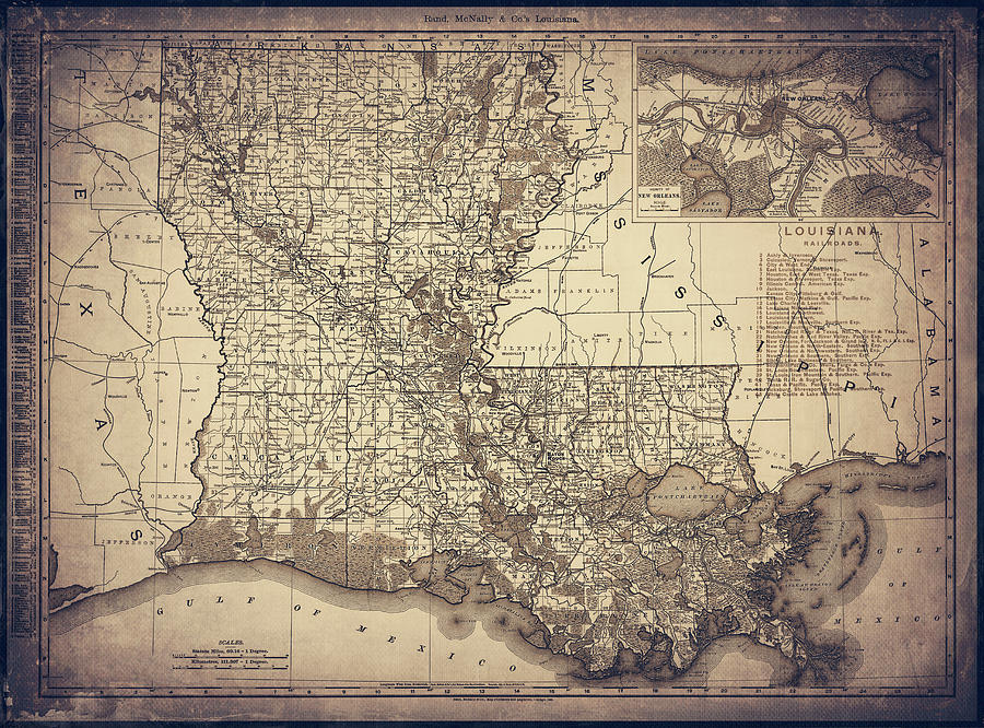 Louisiana Map Photograph - Louisiana Antique Vintage Railroad Map 1896 Sepia  by Carol Japp