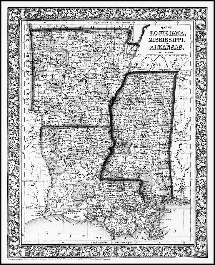 Louisiana Mississippi and Arkansas Vintage Map 1860 Black and White ...