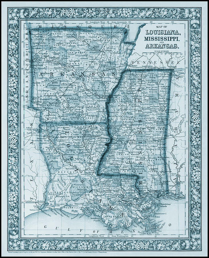 Vintage Photograph - Louisiana Mississippi and Arkansas Vintage Map 1860 Blue by Carol Japp