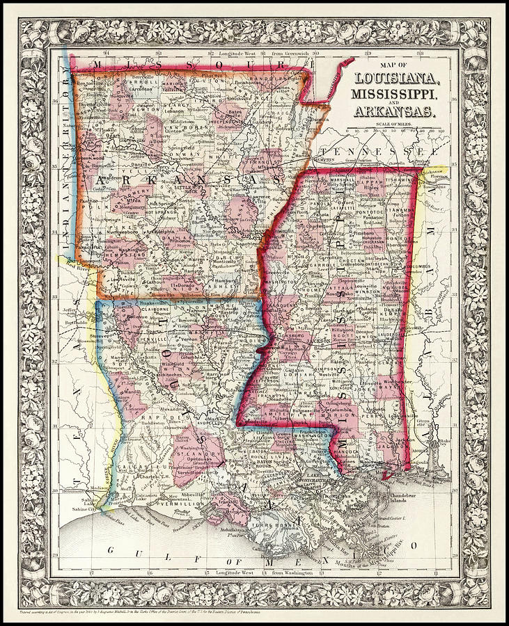 Vintage Photograph - Louisiana Mississippi and Arkansas Vintage Map 1860 by Carol Japp