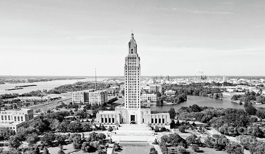 Louisiana State Capitol on the Mississippi River Baton Rouge - BW Photograph by Scott Pellegrin