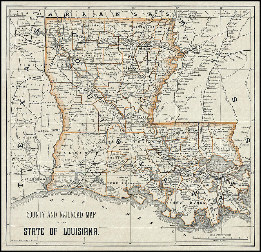 New Orleans Photograph - Louisiana Vintage County and Railroad Map 1870 by Carol Japp