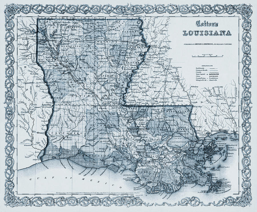New Orleans Photograph - Louisiana Vintage Map 1855 Blue  by Carol Japp