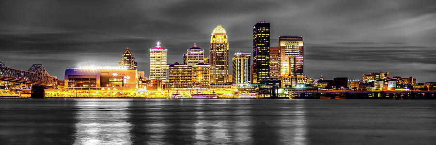 Black And White Photograph - Louisville Kentucky Golden Selective Color Skyline Panorama by Gregory Ballos
