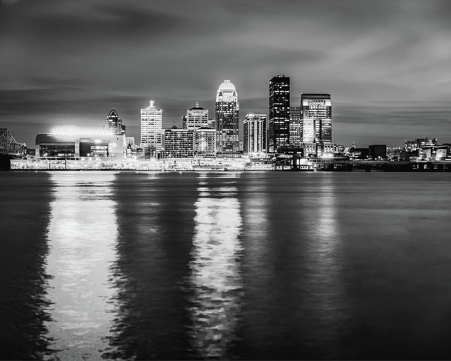 Louisville Kentucky Riverfront Skyline Lights In Black and White Photograph by Gregory Ballos