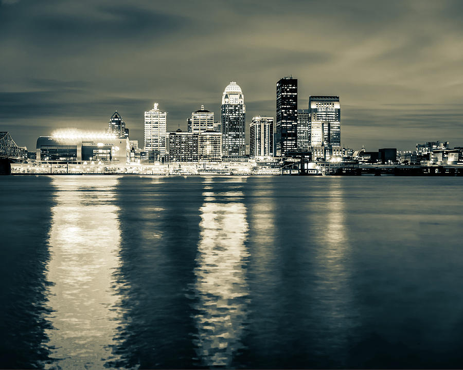 Louisville Kentucky Riverfront Skyline Lights In Sepia Photograph by Gregory Ballos
