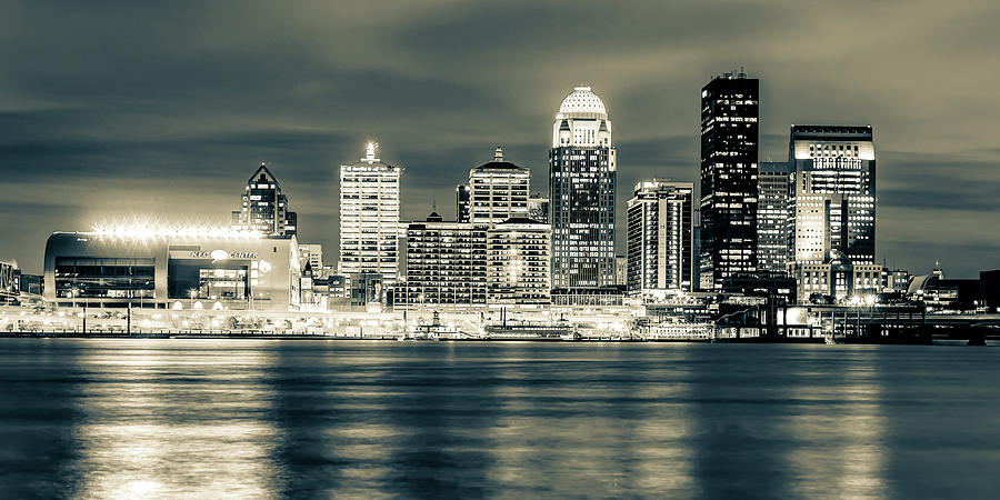 Louisville Skyline Photograph - Louisville Kentucky Skyline Panorama and Ohio River - Sepia by Gregory Ballos