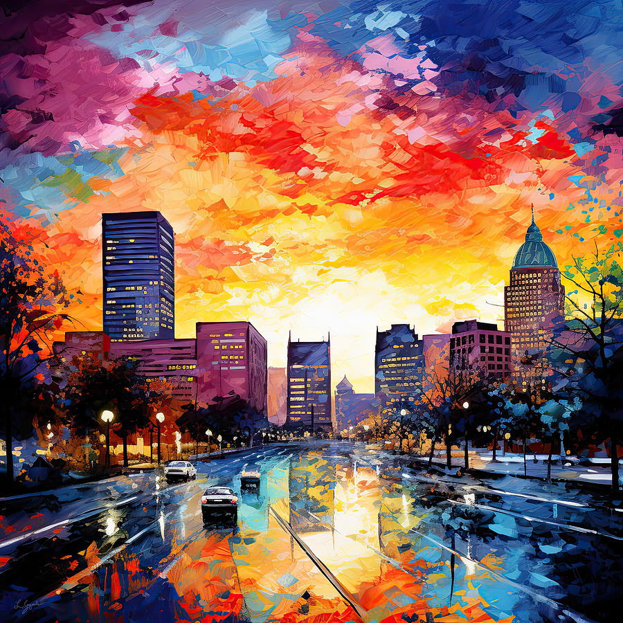 Downtown Louisville Painting - Louisville Kentucky Sunset - Symphony of Orange, Magenta, Red, Blue, and Yellow by Lourry Legarde