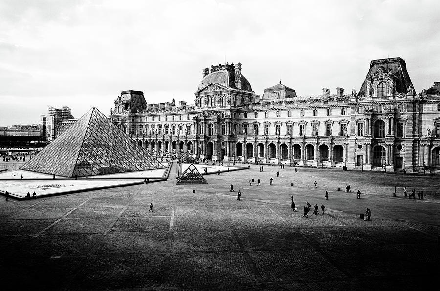 Louvre Museum Courtyard at Sunset Paris France Noir Black and White Photograph by Shawn OBrien