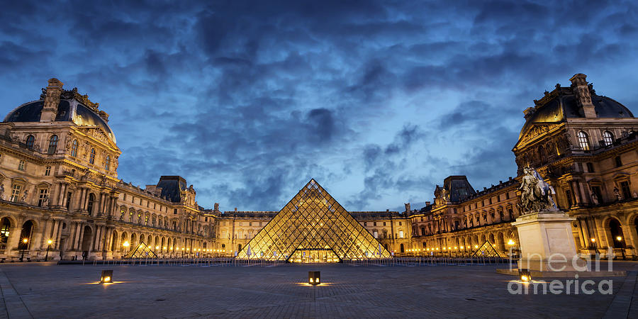 Louvre Photograph - Louvre museum in Paris, panorama at night by Delphimages Paris Photography