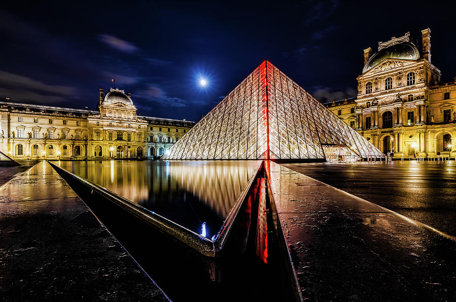 Louvre Pyramid Reflection at Night Photograph by Alexios Ntounas