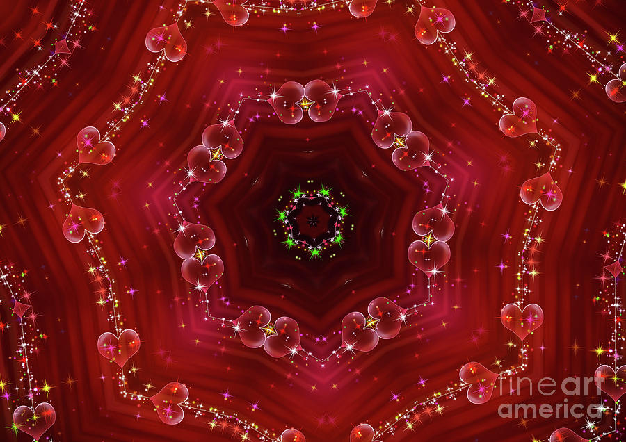 Love And Romance Abstract Mandala Series Glittering Ruby And Diamond Hearts Digital Art