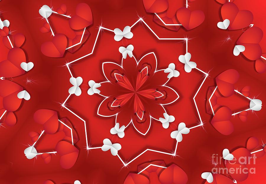 Love And Romance Abstract Mandala Series Red And White Hearts And Butterflies Digital Art