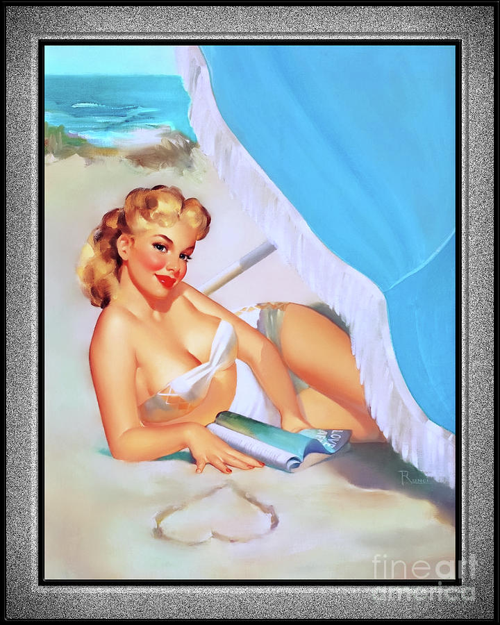Love At The Beach by Edward Runci Vintage Pin-Up Girl Art Painting by Rolando Burbon