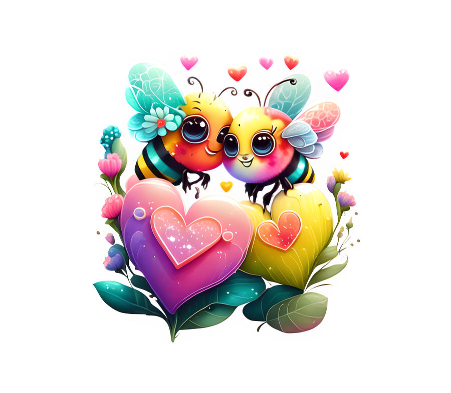 Love Bees Graphic Adorable Insect Couple on Flower Hearts Digital Art by Amalia Suruceanu