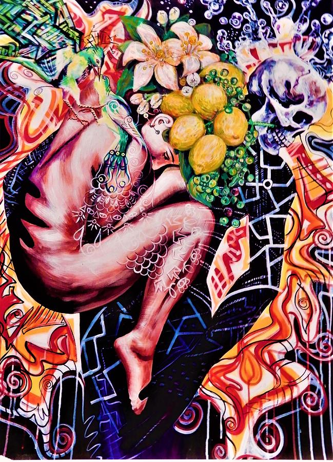 Love Birds with Lemons and Blossoms Painting by Yelena Tylkina