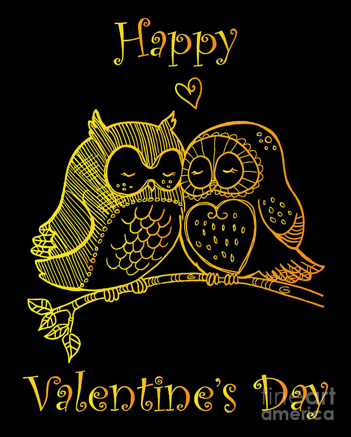 Valentines Day Drawing - Love Couple Owl Romance Line Art Animals Male Female Valentines day February Holiday Romantic Heart by Mounir Khalfouf