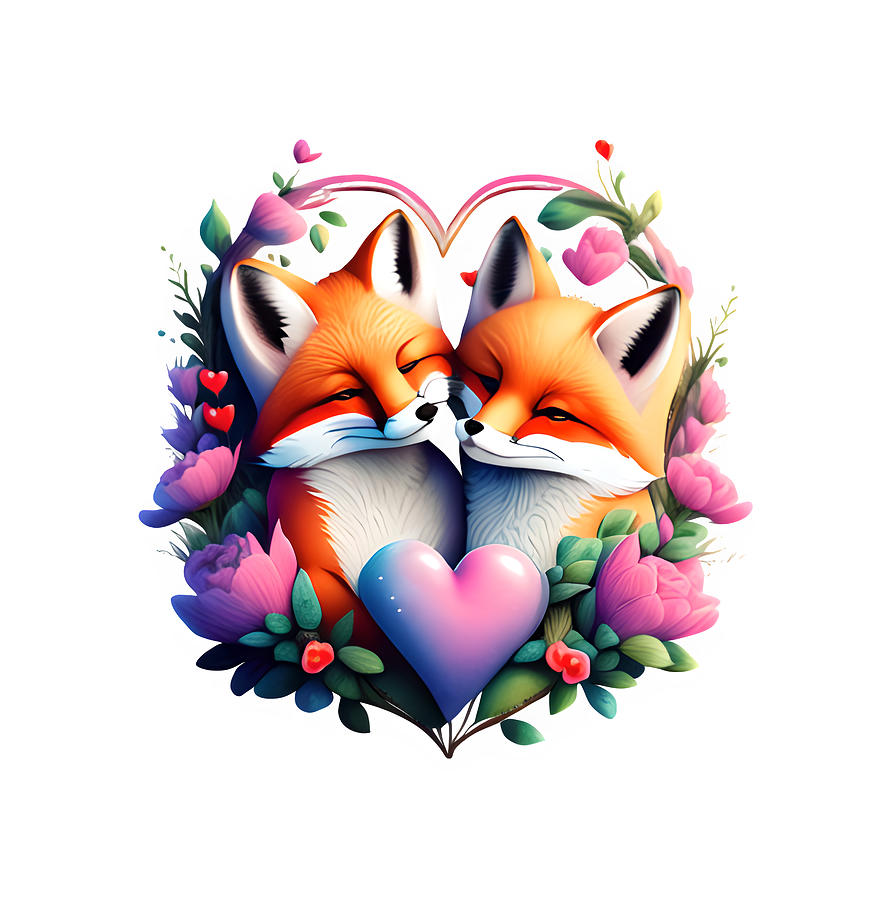 Love Foxes with Hearts and Flowers Digital Art by Amalia Suruceanu