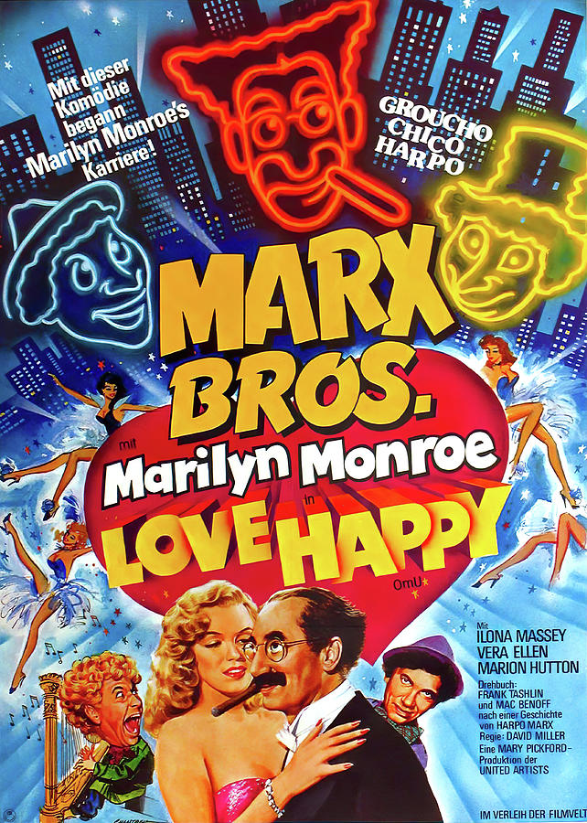 Marilyn Monroe Mixed Media - Love Happy 2, with Marilyn Monroe and the Marx Brother - with synopsis, 1949 by Movie World Posters