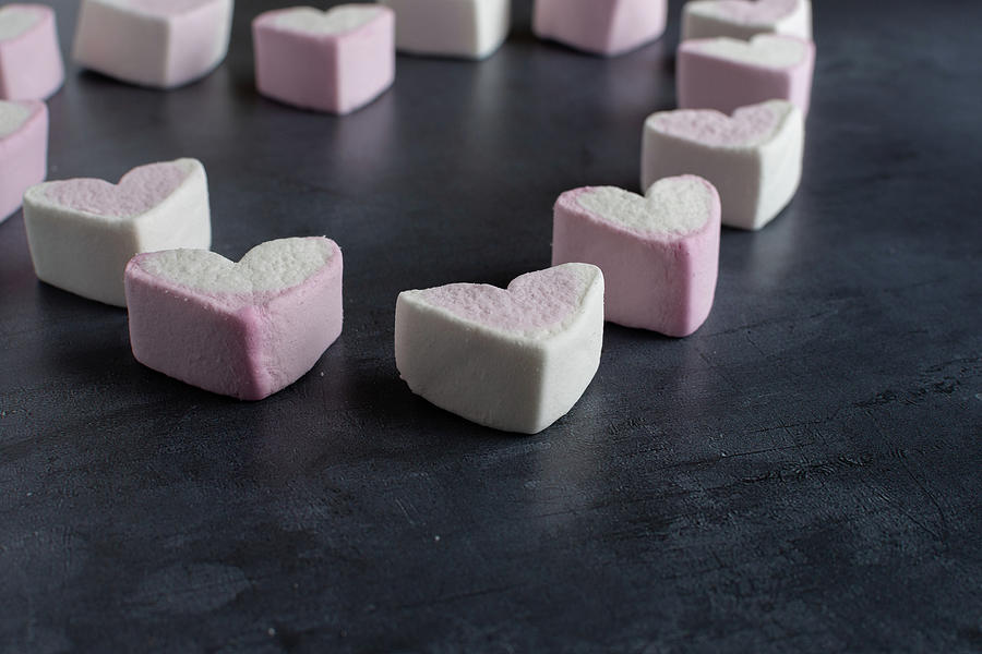 Love heart marshmallows in the shape of a heart viewed from the  Photograph by Scott Lyons
