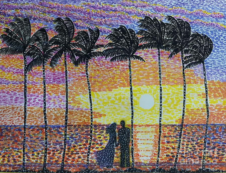 Waikiki beach sunset and Love Painting by Nadia Spagnolo