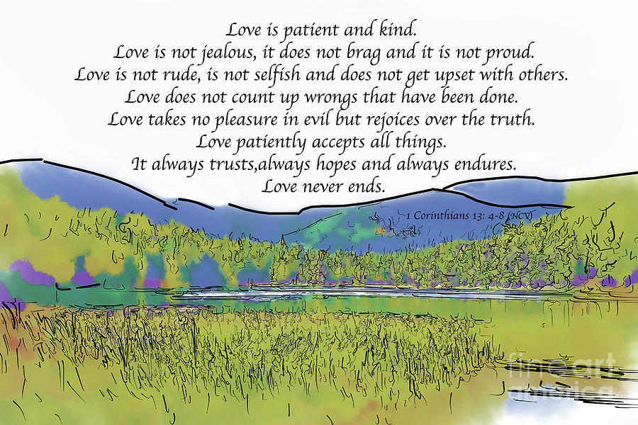 Love Is Patient Mountain Lake In Watercolor Digital Art by Kirt Tisdale