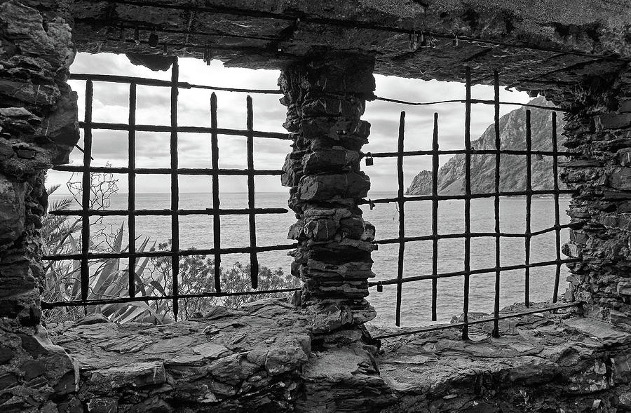 Love Lock Sillhouttes Cinque Terre Trail Near Monterosso al Mare Italy Black and White Photograph by Shawn OBrien