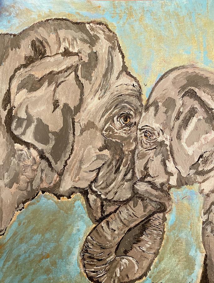 Elephant Mother And Baby Trunks Entangled  Painting by Melody Fowler