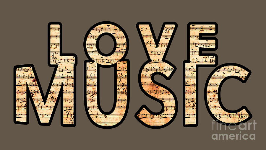 Love Music slogan text filled with musical notes from old vintage score Digital Art by Gregory DUBUS
