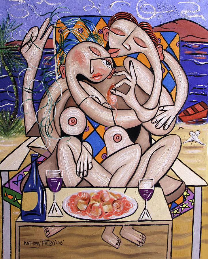 Nude Painting - Love On A Deserted Island Shrimp Scallops And Linguine by Anthony Falbo