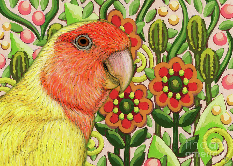 Parrot Painting - Lovebird Enjoying Picnic Posies by Amy E Fraser