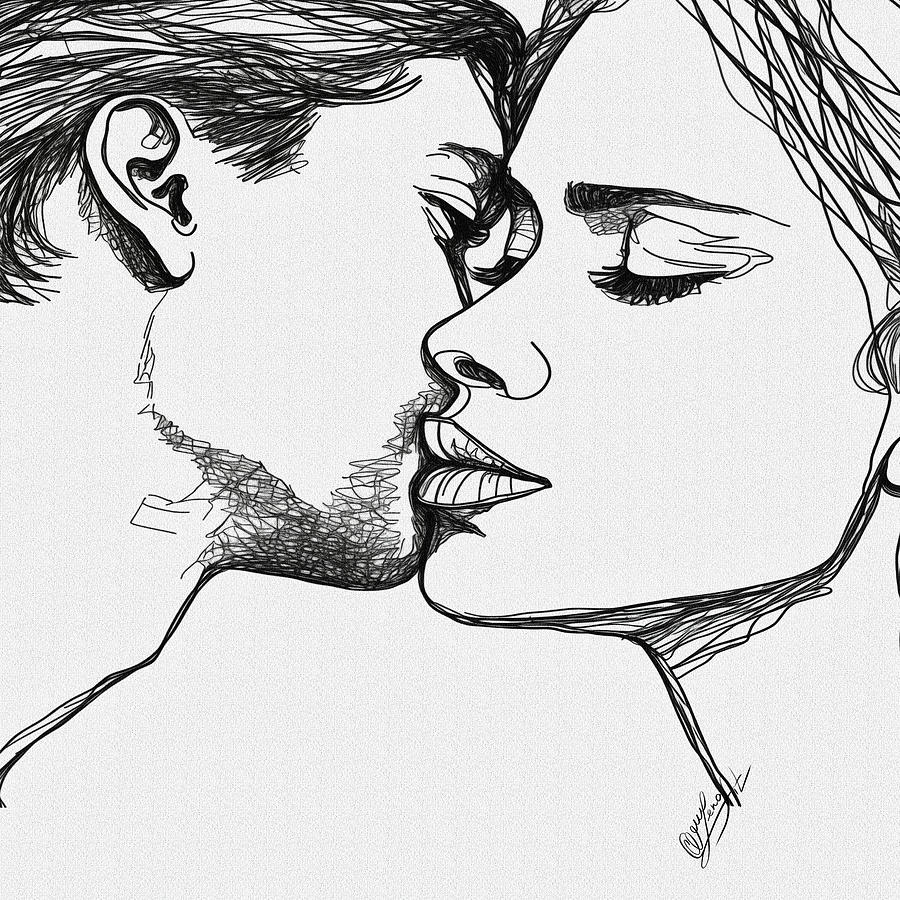 Loved - Couple Kissing One Line Art by OLena Art