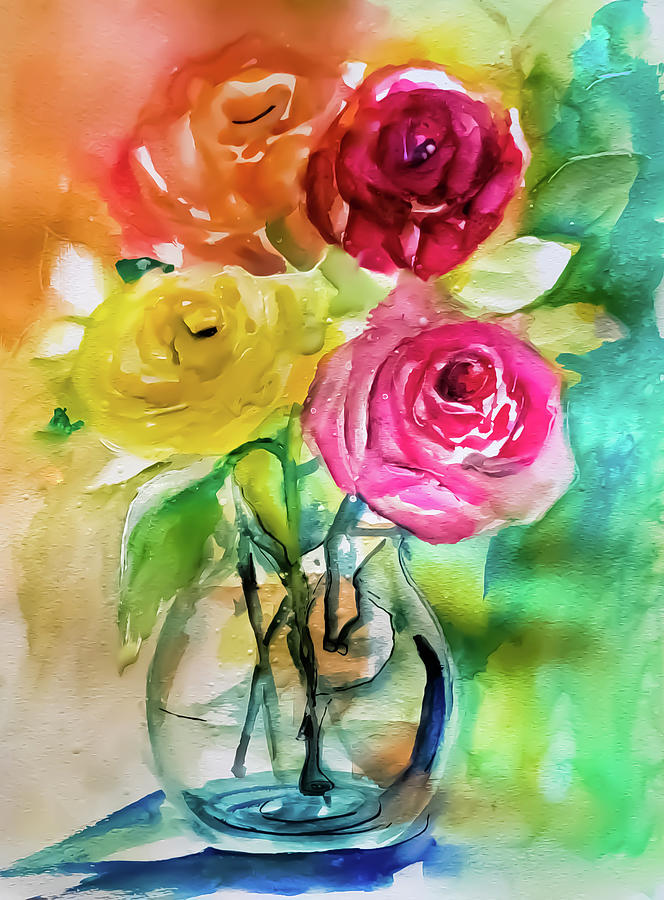 Lovely Colorful Roses In A Glass Vase Painting by Lisa Kaiser