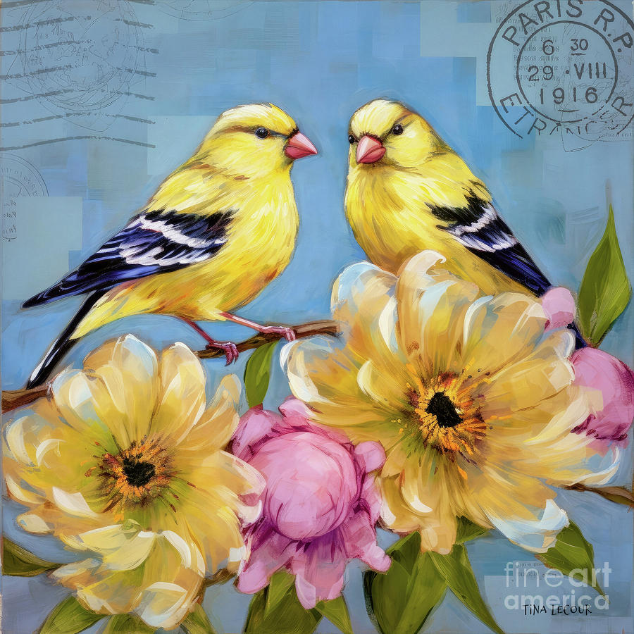 Vintage Painting - Lovely Goldfinches by Tina LeCour